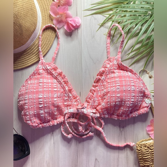 Billabong 🌸 Pink Plaid Ruched Sliding Ruffle Tri Bikini Top 👙🍹🌴 - Picture 2 of 13